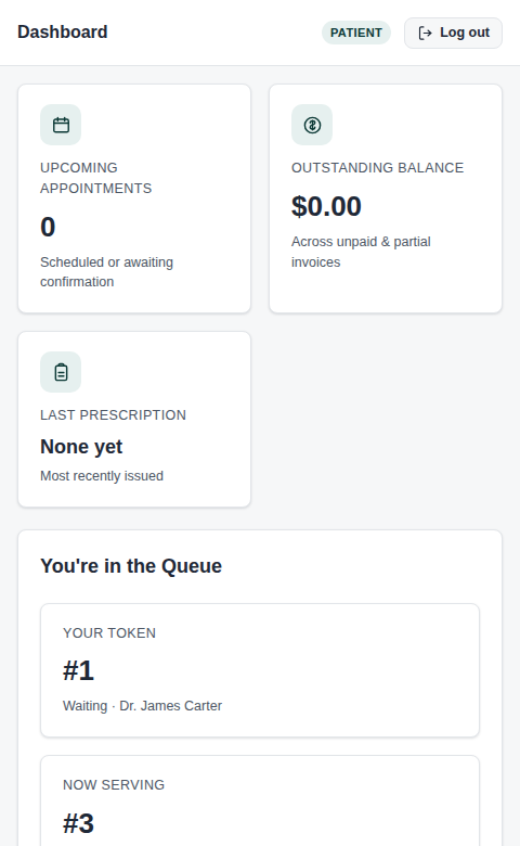 Riverside OS patient portal showing live queue position